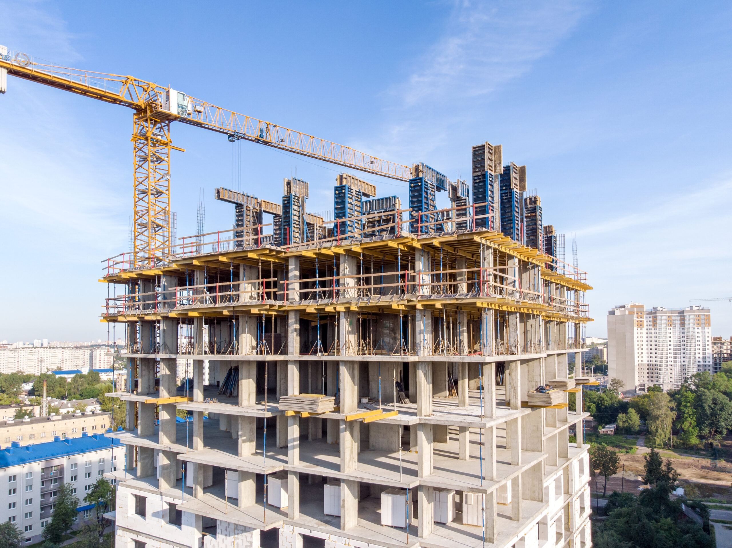 Aerial drone photo building under construction;