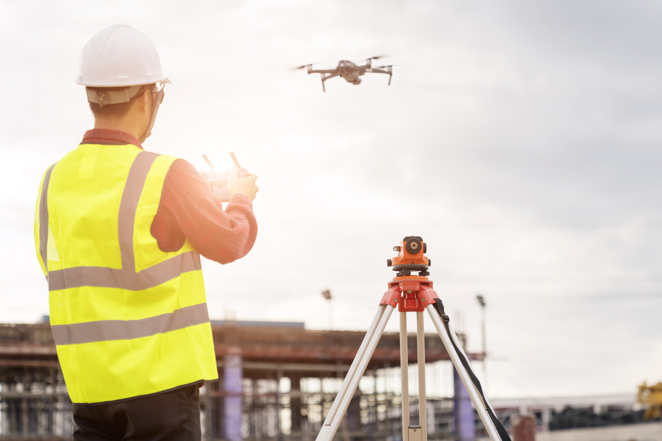 Drone over construction site;