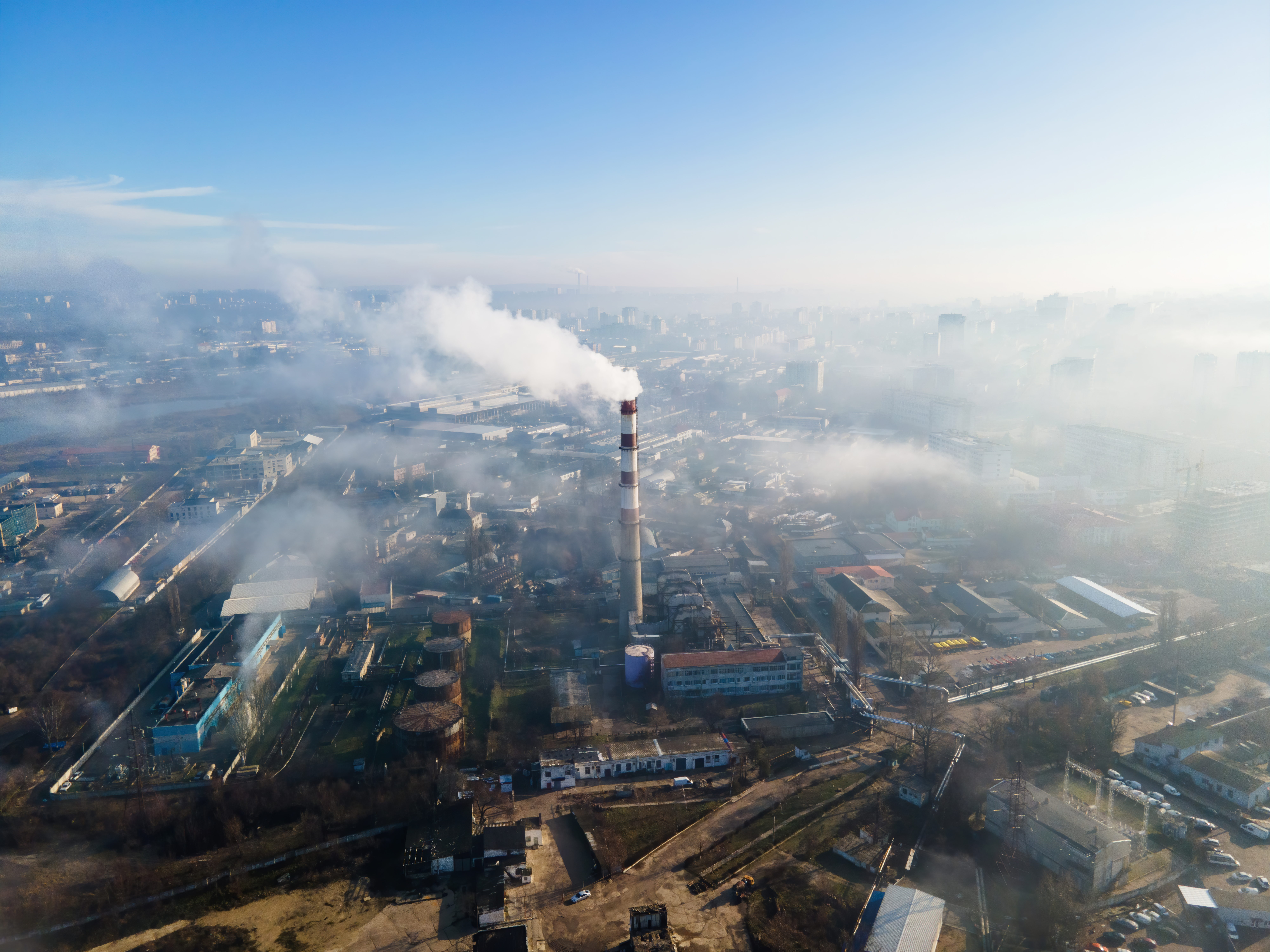 Aerial drone view of factory;